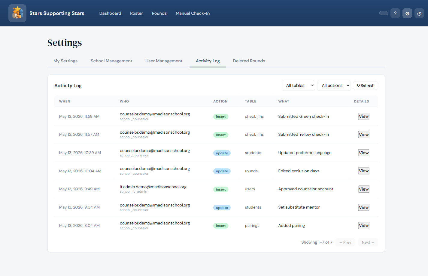 Activity Log tab listing seven recent actions across check_ins, students, rounds, users, and pairings tables — each row showing timestamp, actor email, role, action, and a short description.